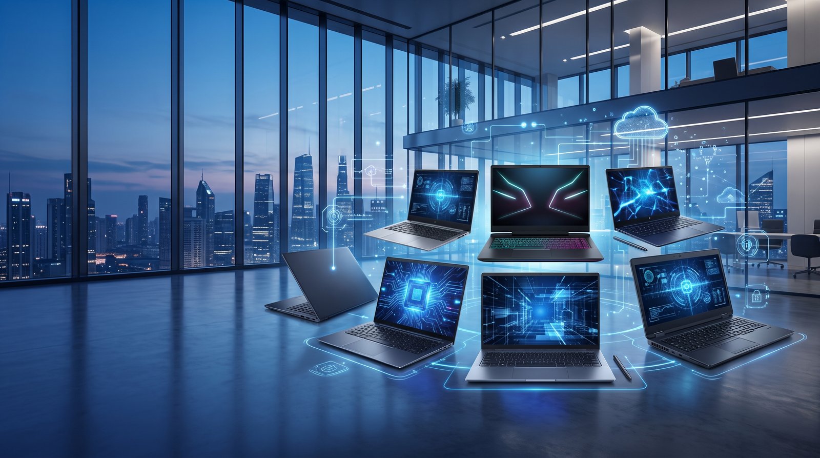 Lineup of premium HP, Dell, Lenovo, ASUS and MSI laptops floating in a modern enterprise office with a city skyline view