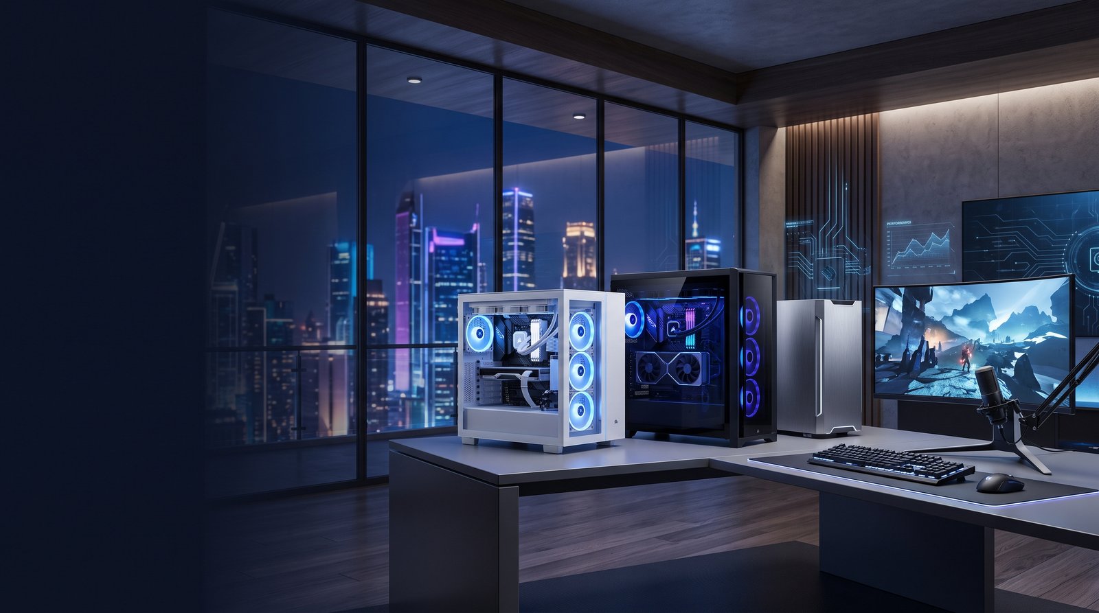 Custom gaming PC setup with RGB-lit cases, high-end graphics cards and dual monitors in a modern night-time studio with a city skyline view