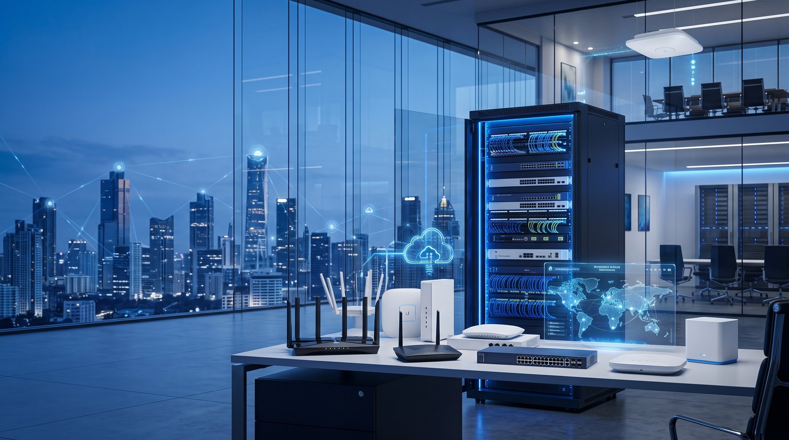 Enterprise networking equipment including routers, managed switches, access points and a server rack in a modern office with a city skyline view